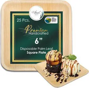 Planet Pantry Disposable Palm Leaf 6" Square Plate  (25 pcs) Wooden Bamboo-Like Paper and Plastic Alternative Eco-Friendly for Food, Party, Buffet