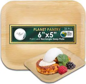 Planet Pantry Disposable Palm Leaf 6"x5" Rectangle Deep Plate (25 pcs) Wooden Bamboo-Like Paper and Plastic Alternative Eco-Friendly for Food, Party, Buffet