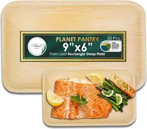 Planet Pantry Disposable Palm Leaf 9"x6" Rectangle Deep Plate (25 pcs) Wooden Bamboo-Like Paper and Plastic Alternative Eco-Friendly for Food, Party, Buffet