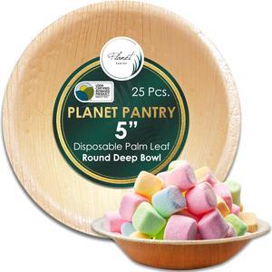 Planet Pantry Disposable Palm leaf 5" Round Deep Bowl (25 pcs) Wooden Bamboo-Like Paper and Plastic Alternative for Soup, Hot & Cold Food, Party, Buffet