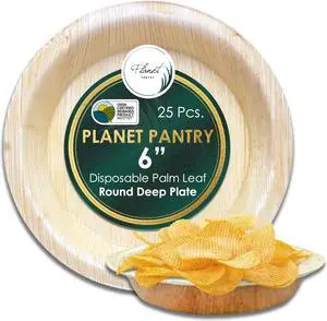 Planet Pantry Disposable Palm leaf 6" Round Deep Plate (25 pcs) Wooden Bamboo-Like Paper and Plastic Alternative Eco-Friendly for Food, Party, Buffet