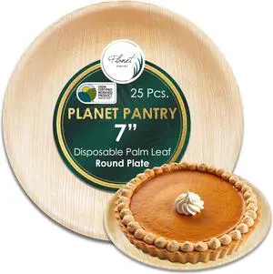 Planet Pantry Disposable Palm leaf 7" Round Plate (25 pcs) Wooden Bamboo-Like Paper and Plastic Alternative Eco-Friendly for Food, Party, Buffet