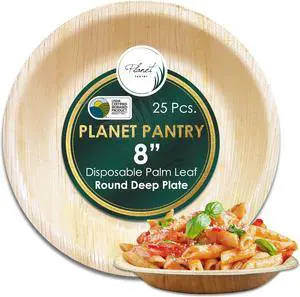 Planet Pantry Disposable Palm leaf 8" Round Deep Plate (25 pcs) Wooden Bamboo-Like Paper and Plastic Alternative Eco-Friendly for Food, Party, Buffet