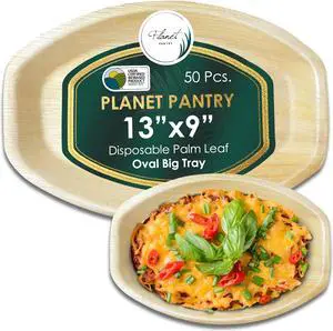 Planet Pantry Disposable Palm leaf 13" x 9" Big Oval Tray (50 pcs) Wooden Bamboo-Like Plastic Alternative Eco-Friendly for Food, Party, Buffet
