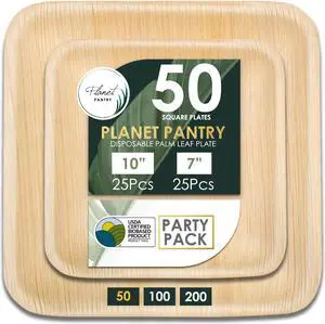 Planet Pantry Disposable Palm Leaf Party Pack 10" & 7" Square Plate (25 pcs each) Biodegradable Eco-friendly Wooden Bamboo-Like Plate Party Pack for Food, Wedding, Buffet, Party