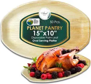 Planet Pantry Disposable Palm leaf 15" x 10" Oval Serving Platter (50 pcs) Wooden Bamboo-Like Plastic Alternative Eco-Friendly for Food, Party, Buffet