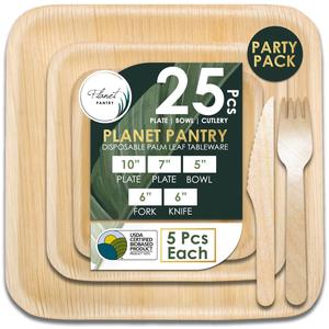 Planet Pantry Party Tableware Pack 25 Pcs - Compostable Biodegradable Plates - 10" & 7" Square Plates, 5" Bowls, Knives & Forks - Disposable Palm Leaf Bamboo Dinnerware for Party Appetizer Camping