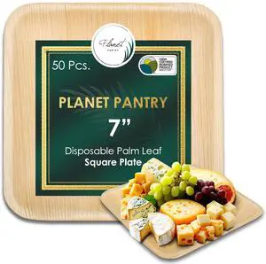 Planet Pantry Disposable Palm Leaf 7" Square Plate (50 pcs) Wooden Bamboo-Like Paper and Plastic Alternative Eco-Friendly for Food, Party, Buffet