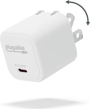 Plugable GaN USB C Charger Block, 30W Portable Charger, Foldable Prongs, PPS USBC Fast Charger for iPhone 15/15 Pro/15 Pro Max, iPad Pro, Samsung Galaxy S23 and more (Cable Not Included) - White