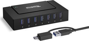 Plugable 7-in-1 USB Powered Hub for Laptops with USB-C or USB 3.0 - USB Power Station for Multiple Devices and USB Data Transfer with a 60W Power Adapter, Driverless