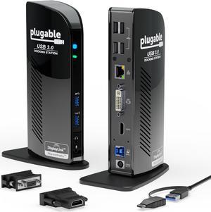 Plugable USB 3.0 Universal Laptop Docking Station Dual Monitor for Windows and Mac, USB 3.0 or USB-C, (Dual Video: HDMI and HDMI/DVI/VGA, Gigabit Ethernet, Audio, 6 USB Ports)