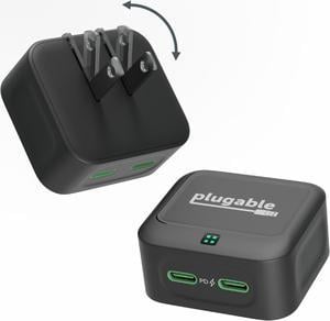Plugable Dual USB C Wall Charger, 40W Foldable 2-Port Flat USB C Fast Charger Block, USB-C Power Adapter for iPhone 15, iPad, AirPods, Samsung Galaxy, Pixel (PS-40C2B) Black