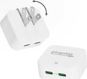 Plugable Dual USB C Charger Block, 40W Foldable 2-Port Fast Charging Flat USB C Wall Charger, Power Delivery for iPhone 15, iPad, AirPods, Samsung Galaxy, Pixel (PS-40C2W) White