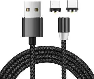 2 in 1 USB to Micro USB + Type-C / USB-C Magnetic Metal Joint Nylon Braided Charging Cable, Length - 1m - Black
