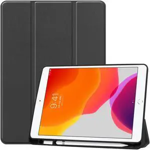 AMZER Texture Horizontal 3-Fold Flip Leather Case With Pen Slot & Sleep/ Wake-up Function for Apple iPad 10.2/iPad 8th Generation 10.2 inch - Black