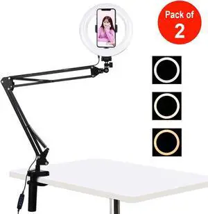 AMZER Live Broadcast Kits Desktop Arm Stand USB 3 Modes Dimmable Dual Color Temperature LED + 7.9 inch 20cm Ring Curved Light with Phone Clamp - pack of 3