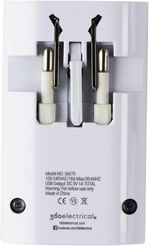 360 Electrical 2 Outlet Adapter 1A USB for US/China/Israel/UK/EU - White