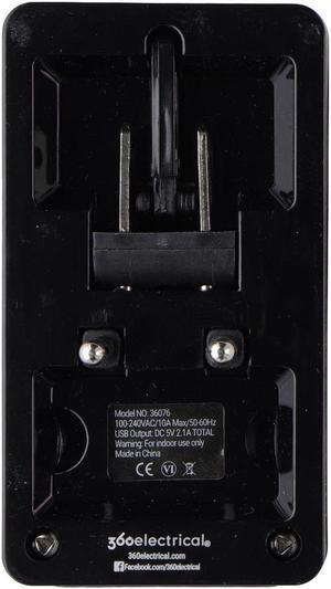 360 Electrical 2 Outlet Adapter 2.1A USB for US/China/Israel/UK/EU - Black