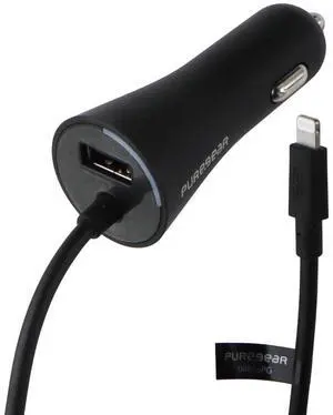 PureGear 24W Car Charger with Lightning 8-Pin Connector and USB-A Port - Black