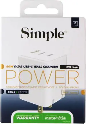 Simple 60W Dual USB-C Wall Charger - White