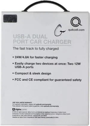 Quikcell USB-A 12W-24W Dual Port Car Charger - Black