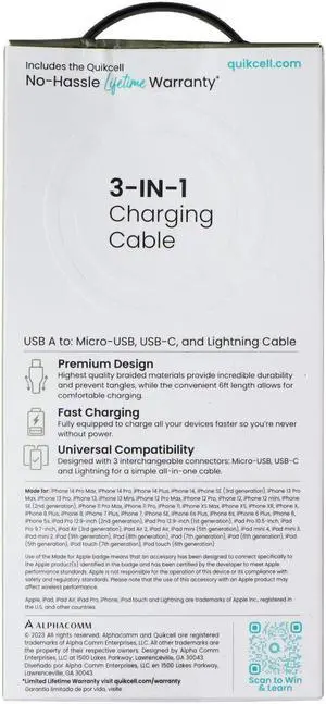 Quikcell 6FT USB-A to Micro USB, USB-C & Lightning 8-Pin Charging Cable - Black