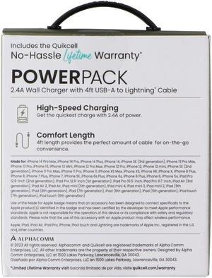 Quikcell Power Pack 2.4A Wall Charger with 4Ft USB-A to Lightning 8-Pin Cable