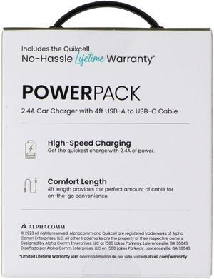 Quikcell Power Pack 2.4A Car Charger with 4ft USB-A to USB-C Cable - Black