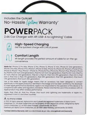 Quikcell 2.4A Car Charger with 4ft USB-A to Lightning 8-Pin Cable - Black