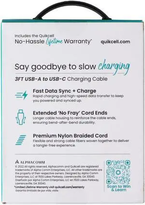 Quikcell 3Ft Braided USB-A to USB-C Charging Cable - Black