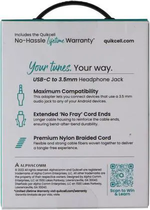 Quikcell Braided Audio Adapter Cable USB-C to 3.5mm Headphone Jack - Black