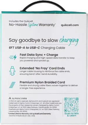 Quikcell 6ft Braided USB-A to USB-C Charging Cable - Black
