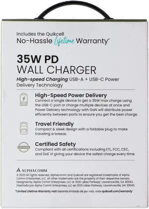 Quikcell (35W) PD Wall Charger Dual Port (USB-C/USB-A) Adapter (GaN Charging)