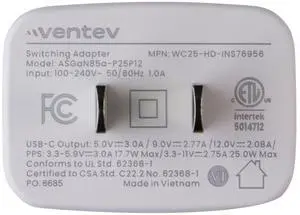 Ventev (25W) USB-C Wall Charger/Switching Adapter - White (ASGaN85a-P25P12) Ventev (25W) USB-C Wall Charger/Switching Adapter - White (ASGaN85a-P25P12)