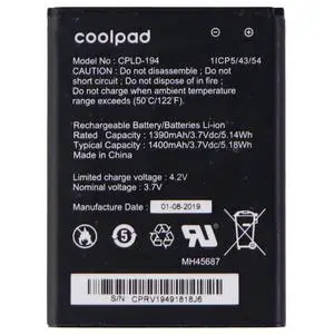 Coolpad OEM Rechargeable 3.7V 1390/1400mAh Battery - Black (CPLD-194) Coolpad OEM Rechargeable 3.7V 1390/1400mAh Battery - Black (CPLD-194)