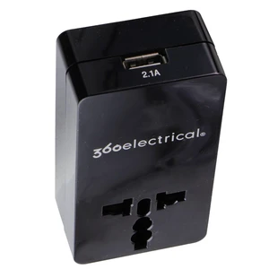 360 Electrical 2 Outlet Adapter 2.1A USB for US/China/Israel/UK/EU - Black 360 Electrical 2 Outlet Adapter 2.1A USB for US/China/Israel/UK/EU - Black