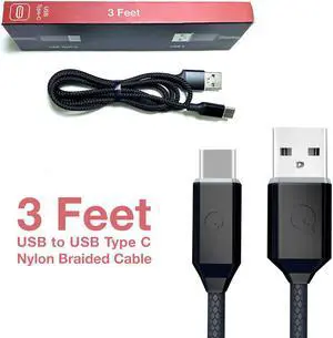 Soft Nylon Braided USB Type-C to USB-A Male USB Charger Cables - 3 Feet, Black
