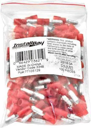 The Install Bay RNMB Red Nylon Male Bullet Connector 22-18 Gauge .156 Pack of 100