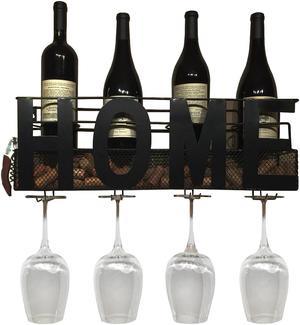 Home Wall Mounted Hanging Wine Rack & Cork Holder for 4 Bottles and 4 Wine Glasses