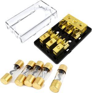 3 Positions Gold Plated AGU Fuse 4/8 Gauge Holder Distribution Block with Pack of 5 80 Amp Fuses