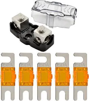 4-8 Gauge Nickel Plated Mini ANL Fuse Holder with 5 Pack Nickel Plated 150 Amp MANL Fuse