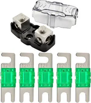 4-8 Gauge Nickel Plated Mini ANL Fuse Holder with 5 Pack Nickel Plated 120 Amp MANL Fuse