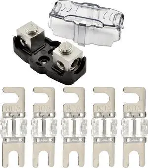 4-8 Gauge Nickel Plated Mini ANL Fuse Holder with 5 Pack Nickel Plated 80 Amp MANL Fuse