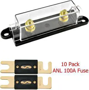 1/0/4/8 Gauge ANL Fuse Holder with 10 Pack Gold Plated 100 Amp ANL Fuse