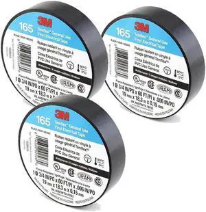 3M Temflex Vinyl Electrical Tape 165 Multi-purpose 3/4" X 60FT Black (3 Pack)