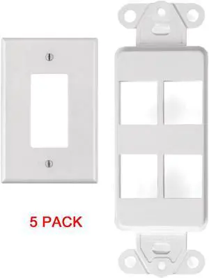 White 4 Port Decora Keystone Snap-in Jack Modular Wall Insert Cover Plate (5/pk)