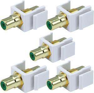 White Female RCA Keystone Jack Modular with Green Center for Wall Plates (5/pk)