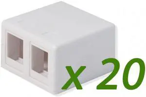 20 Pack Surface Mount Box 2 Port Double Hole Keystone Jack Cat5e / Cat6 White