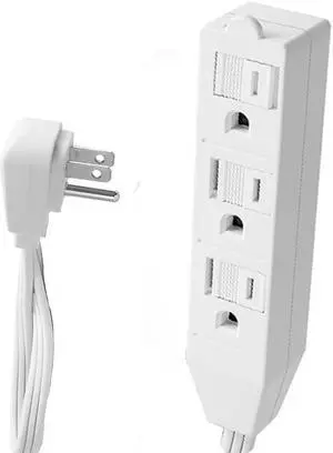 1.5 Feet White Durable Heavy Duty 3 Outlet Indoor 16AWG Flat Plug Extension Cord