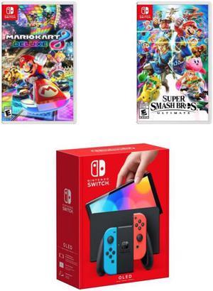 Nintendo Switch –OLED Model w/ Neon Red & Neon Blue Joy-Con with Super Smash Bros. Ultimate and Mario Kart 8 Deluxe